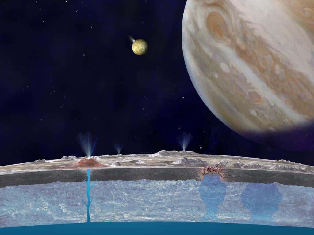 Une vue d’artiste en coupe de la banquise d’Europe. Des diapirs de glace salée sont en train de remonter à droite. Io est bien visible en éruption, à gauche de Jupiter. Un cryovolcan est actif à gauche sur la surface d’Europe. © Nasa, JPL-Caltech