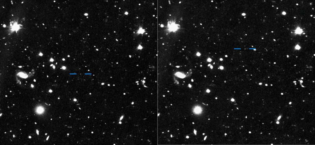 Images de découverte de Farfarout (2018 AG37) prises avec le télescope Subaru les 15 et 16 janvier 2018 (à gauche et à droite respectivement). En comparant les deux photos, on peut voir le déplacement de Farfarout (dont la position est indiquée par les traits bleus) par rapport aux étoiles et galaxies en arrière-pan. © S. Sheppard