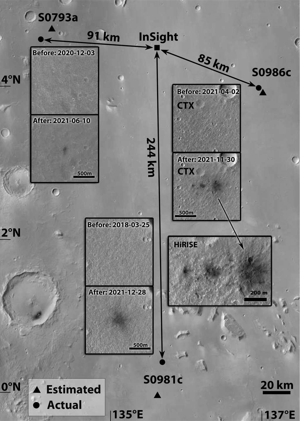Localisation des cratères formés par les impacts. Seis les localise en donnant la distance et la direction de l'impact par rapport à l'appareil, <em>Mars Reconnaissance Orbiter</em> les repère avec ses caméras. © Raphaël Garcia <em>et al.</em>