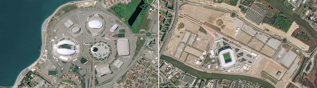 À gauche, le stade Ficht de Sotchi qui a accueilli les J.O. d'hiver de 2014. À droite, le stade Baltika de Kaliningrad construit en 2015. © Pléiades, Cnes 2018, Distribution Airbus DS