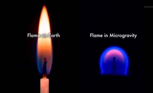 Comparaison entre une flamme brûlant sur Terre (à gauche) et une flamme en microgravité (à droite). © Nasa