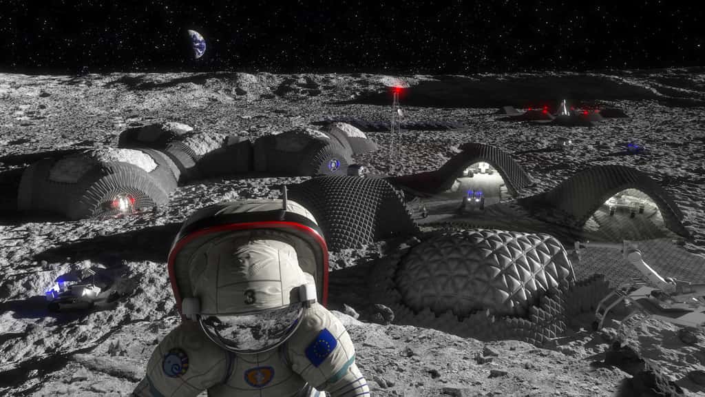 Autre concept de base lunaire proposé par OHB. L'idée est d'utiliser le régolithe lunaire et la technique de la fabrication additive (3D) pour construire les habitats et les infrastructures en dur d'une base. © RegoLight, <em>visualisation: Liquifer Systems Group</em>, 2018