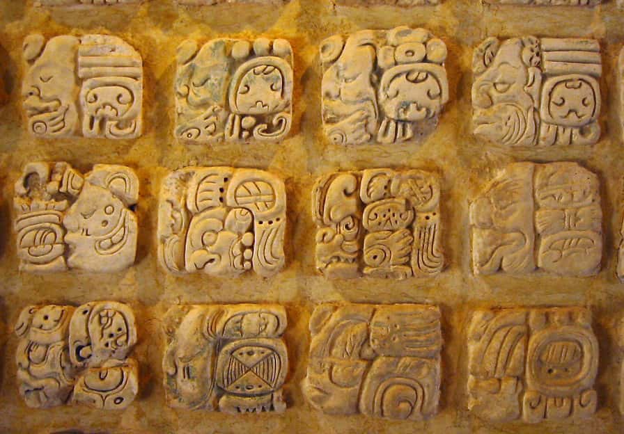 Les glyphes mayas, tels qu’exposés au musée mexicain de Palenque, démontrent la richesse et la variété de ces langues anciennes. © Domaine public