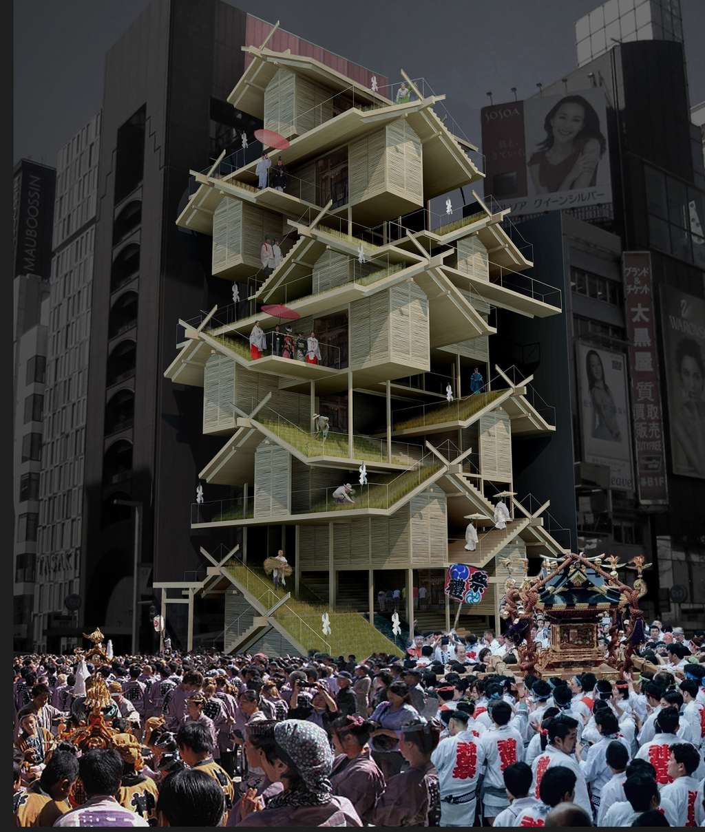 À la fois temple shinto et ferme verticale, cet immeuble est destiné à devenir un centre d’attraction pour Tokyo. © Tony Leung, eVolo