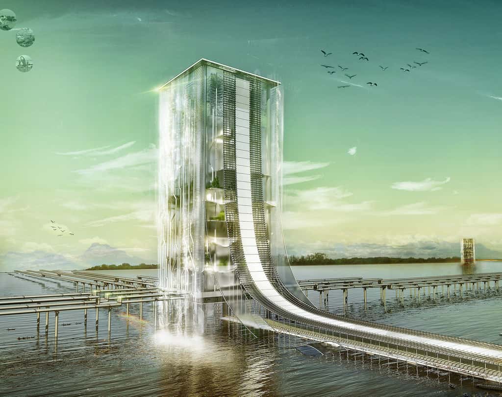 Cette tour transparente filtre l’eau des fleuves et accueille des jardins et même des forêts. © Kang Tae Hwan, Kim Min Jeong, Yun Seo Jun, Lee Se Won, eVolo