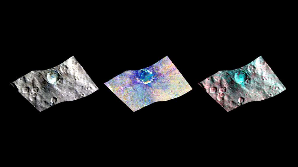Le cratère Haulani (34 km de diamètre) dans le visible et l’infrarouge. La première image, à gauche, indique les variations de luminosité. La seconde, au milieu, montre la minéralogie et la troisième, à droite, dévoile les différences de température de cette région (plus froid en bleu turquoise et plus chaud en rouge). © Nasa, JPL-Caltech