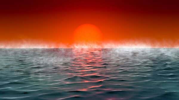 Vue d’artiste de la surface d’une « planète-hycéan » : une planète avec un océan d’eau liquide sous une atmosphère d’hydrogène. © Amanda Smith, PA