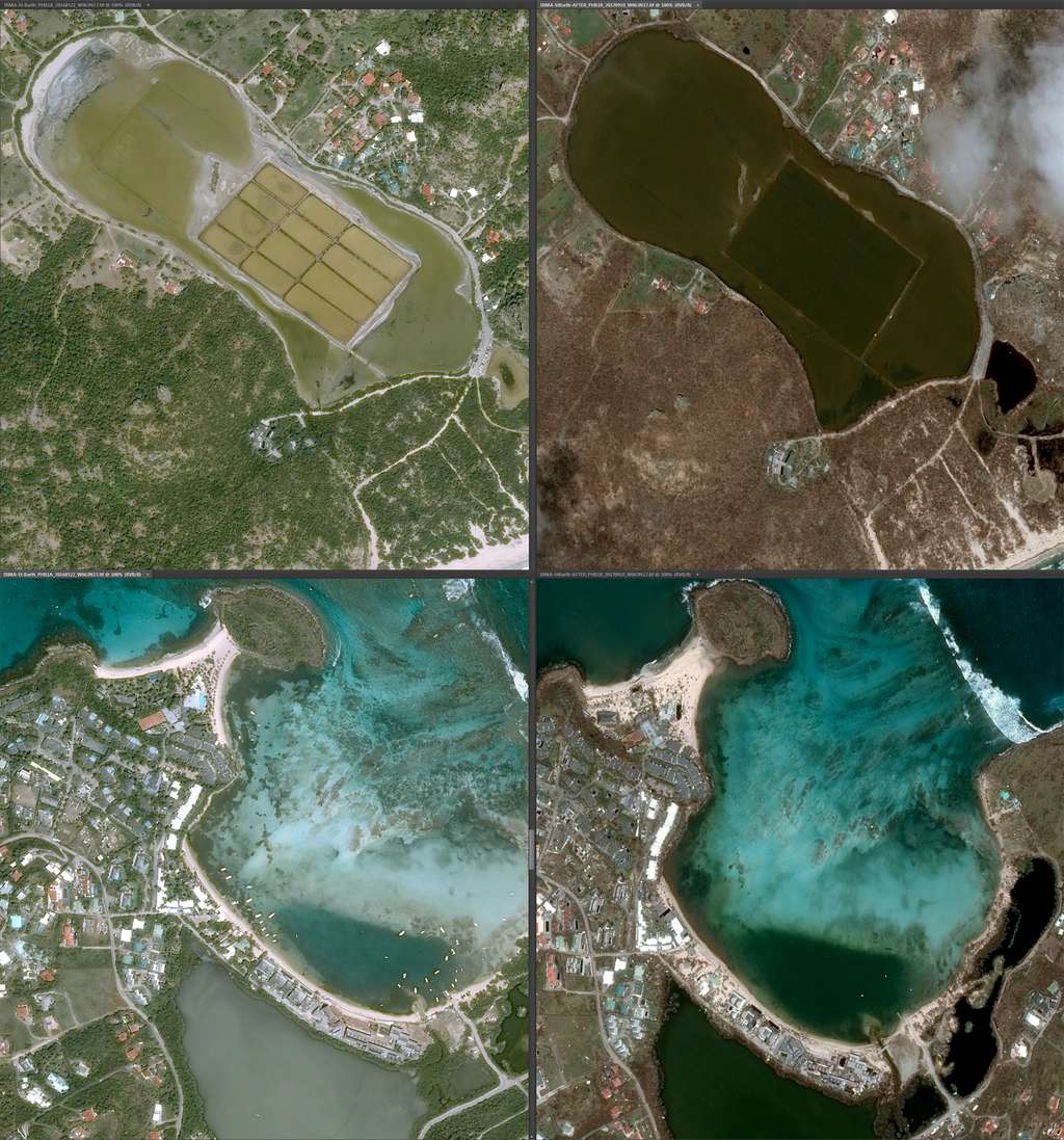 Vues satellites de Saint-Barthélemy avant et après sur les même zones. Attention, les images n'ont pas le même angle de prise de vue, d'où une déformation des plans. © Cnes 2017, distribution Airbus DS