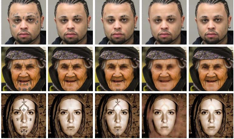 À gauche, le visage tatoué d'origine d'un homme et deux femmes. Puis l'effacement des tatouages avec des logiciels de retouche photo, ensuite avec une Intelligence artificielle. © Mathias Ibsen