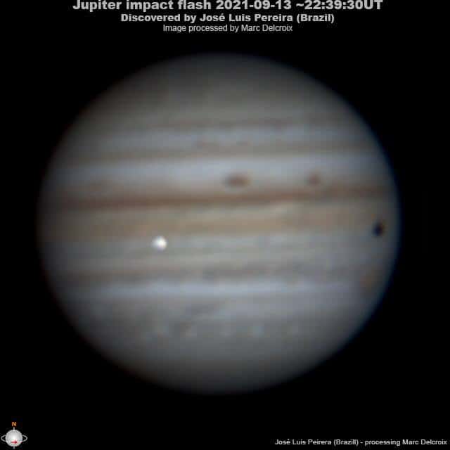 L'impact sur Jupiter du 13 septembre 2021, photographié par l'astronome amateur brésilien José Luis Pereira. Image traitée par Marc Delcroix. © José Luis Pereira et Marc Delcroix