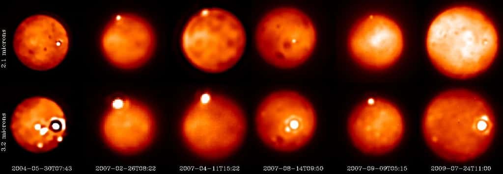 Observations de plusieurs éruptions depuis 2004 en utilisant le télescope Keck (mai 2004, août 2007, septembre 2007, juillet 2009), le télescope Gemini Nord de 8 m (août 2007) et le VLT de l’ESO (le Yepun de 8 m en février 2007). La signature thermique d’un outburst à Tvashtar peut être vue près du pôle nord sur les images collectées en 2007. Un autre outburst a été détecté dans la région de la patera Loki en juillet 2009, le dernier avant celui de 2013. © Franck Marchis