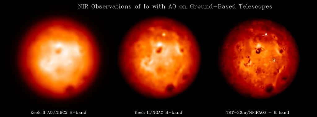 Une comparaison de la résolution des images de la surface de Io obtenues avec le Keck et une simulation de celle que devrait fournir le TMT. © Franck Marchis