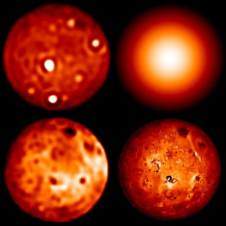 L’image de Io prise en utilisant l’optique adaptative avec le télescope de 10 m du Keck dans la bande spectrale L (en haut à gauche) est dominée par les émissions volcaniques actives des points chauds, tels que celui de Loki, situé près du centre du disque. Une image de Io en haut à droite montre ce que le télescope Keck verrait sans optique adaptative. Dans la bande K (en bas à gauche), et toujours avec l’optique adaptative, les images obtenues au Keck montrent un niveau de détails comparable aux images prises en lumière visible avec la sonde Galileo (en bas à droite). © <em>Keck Observatory</em>