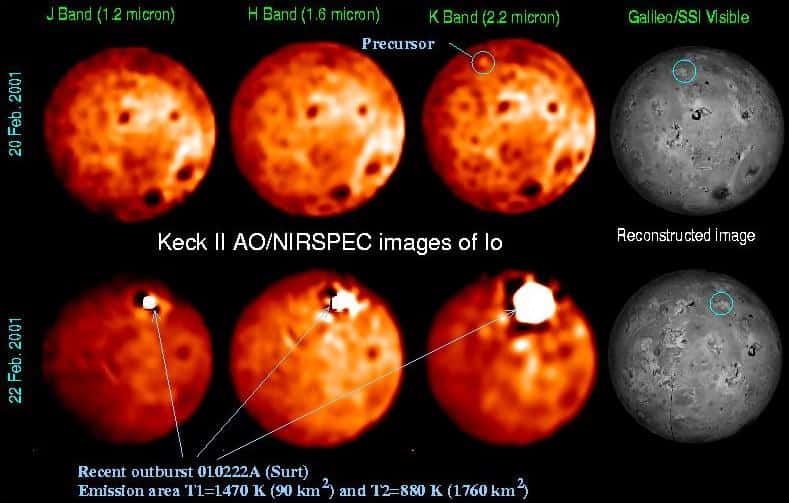 Trois vues de Io prises à l’aide de l’optique adaptative du télescope Keck II, juxtaposées avec une image prise par la sonde Galileo. Les images ont été prises avec trois filtres différents et montrent une grande éruption près du volcan de Surt le 22 février 2001. © Franck Marchis, <em>UC Berkeley</em>