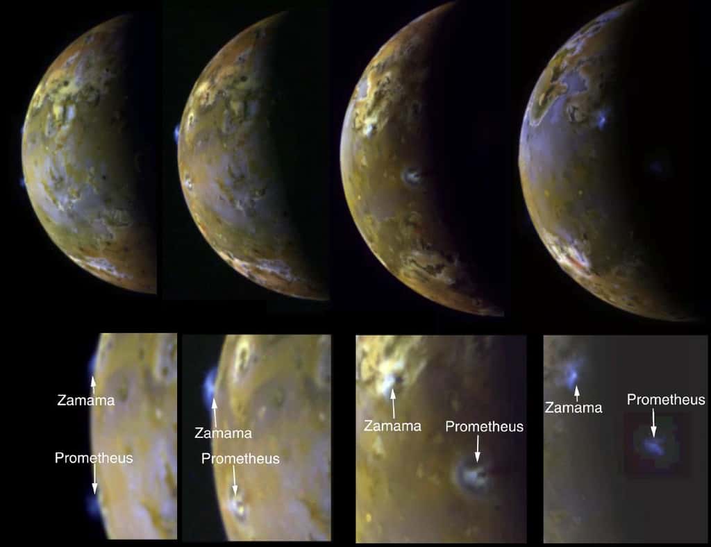 Ces images globales de Io prises par la sonde Galileo montrent clairement son activité éruptive. Deux volcans associés à des paterae, des sortes de caldeira volcanique, sont indiqués. © Nasa, JPL, <em>University of Arizona</em>
