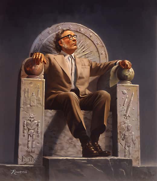 Isaac Asimov vu par Rowena Morrill sur un trône orné des symboles de son œuvre littéraire. Google est-il en train de réaliser les rêves de l'auteur de <em>I, Robot</em> ? © Wikipédia, GNU 1.2