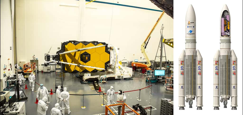 Comment le miroir primaire de 6,5 mètres du JWST peut-il être logé à l'intérieur de la coiffe d'Ariane 5 dont le diamètre n'excède pas 5,4 mètres ? Réponse : en le pliant ! L'image de gauche montre des essais pour plier le miroir en configuration de lancement. © Northrop Grumman et ESA, D. Ducros pour la vue d'artiste d'Ariane 5