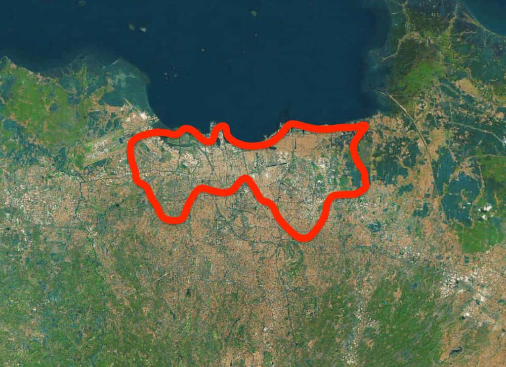 Au nord de Jakarta (zone en rouge), le sol s’est déjà affaissé de deux à cinq mètres. © Plans, C.D, Futura