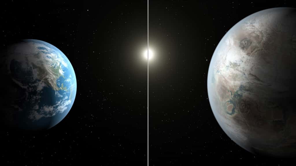 Découverte en 2015, <a title="Kepler 452b, l'exoplanète la plus ressemblante à la Terre" href="//www.futura-sciences.com/magazines/espace/infos/actu/d/zone-habitabilite-kepler-452b-exoplanete-plus-ressemblante-terre-59111/">Kepler-452b</a> (illustrée à droite) est à ce jour l’exoplanète connue la plus ressemblante à la Terre (en comparaison, à gauche). Située à environ 1.400 années-lumière de nous, elle a 1,7 milliard d’années de plus que notre oasis bleue. © Nasa, JPL-Caltech, Ames