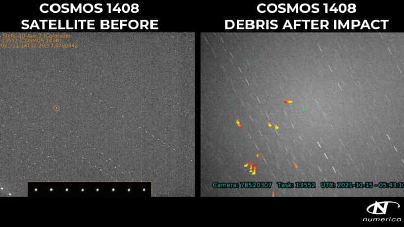 Le satellite Kosmos 1408 avant et après le tir Asat russe en novembre 2021. On ne voit que quelques débris parmi les milliers d'autres. © Numerica Corp.
