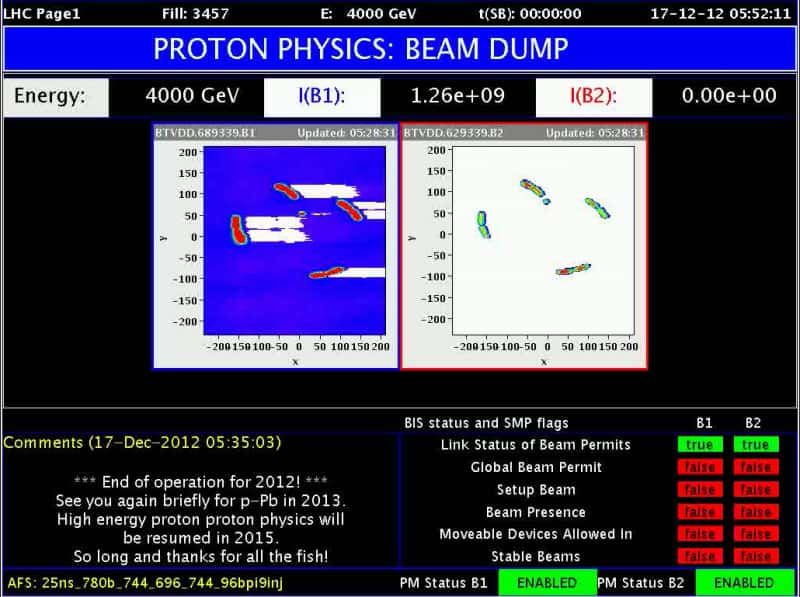 Le matin du 17 décembre 2012, les équipes du Cern ont mis fin à la première période d’exploitation avec protons du LHC. Le message sur l'écran de contrôle indiquait <em>« So long and thanks for all the fish »</em> (en français : <em>« Salut, et encore merci pour le poisson »</em>), en référence à la célèbre série de livres de l'écrivain britannique Douglas Adams, <em>Guide du voyageur galactique</em> (<em>Hitchhiker's Guide to the Galaxy</em>). © Cern