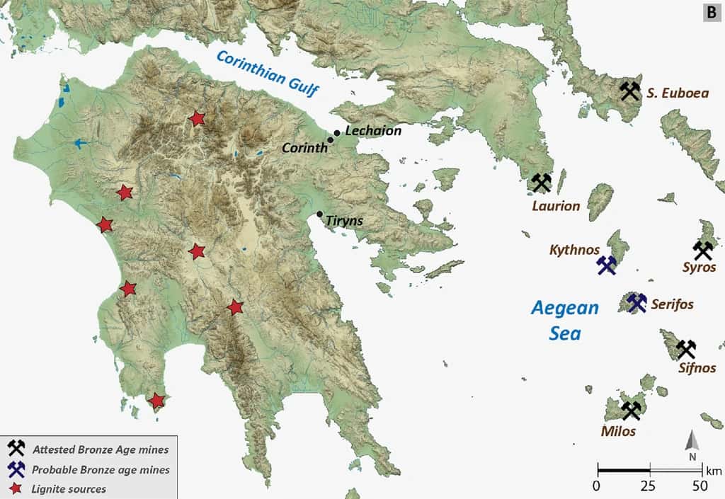 Autour de Corinthe et de Léchaion, plusieurs sites riches en lignite ont permis d'alimenter l'activité métallurgique du port. © Chabrol <em>and al.</em> 