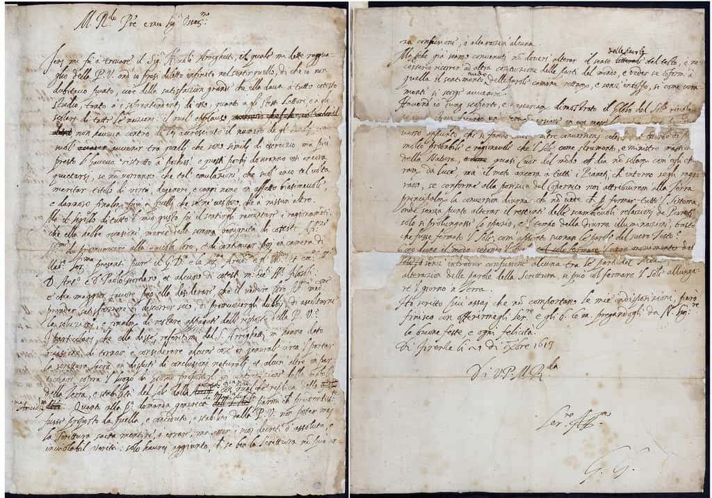 La lettre originale, envoyée en 1613 par Galilée, comporte les ratures et modifications apportées deux ans plus tard par l’astronome en vue d’apaiser l’Inquisition. © The Royal Society
