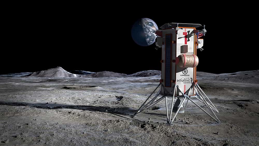 Vue d'artiste du lander lunaire d'Intuitive Machine baptisé Nova-C. Une première mission (IM-1) est prévue de décoller en juin. Lonestar embarquera à bord d'IM-2 à la fin 2023. © Jason Riley, Artificial Lens for Lonestar