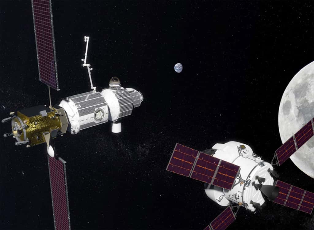 Concept du <em>Lunar Orbital Platform-Gateway</em>, un avant-poste de l'exploration de la Lune et de Mars. © Nasa