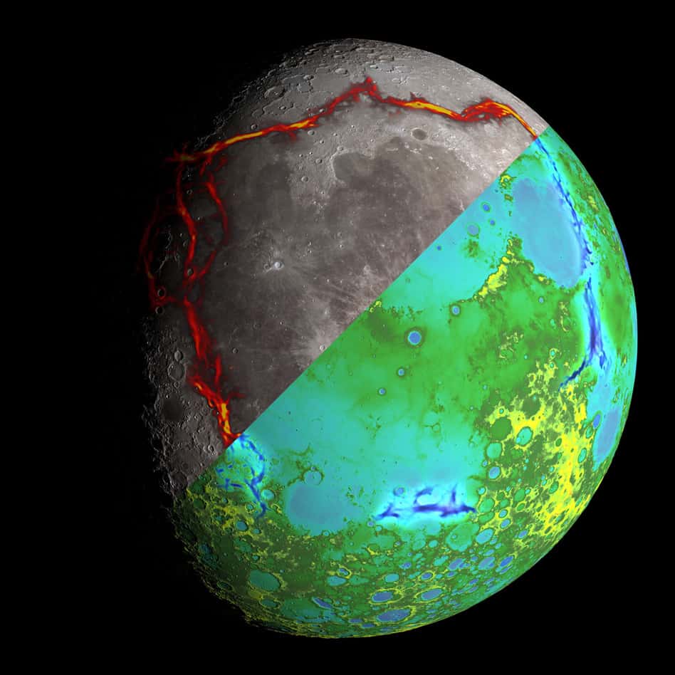 Cette image de la Lune est divisée en deux moitiés. La moitié supérieure montre, surlignées en rouge, des anomalies de gravité formant une bordure rectangulaire autour de riverains de la région d'<em>Oceanus Procellarum</em>. La moitié inférieure montre la topographie de la Lune déduite des mesures par altimétrie laser de la sonde LRO. Les anomalies de gravité y figurent en bleu. © Nasa/<em>Colorado School of Mines</em>/MIT/JPL/GSFC 