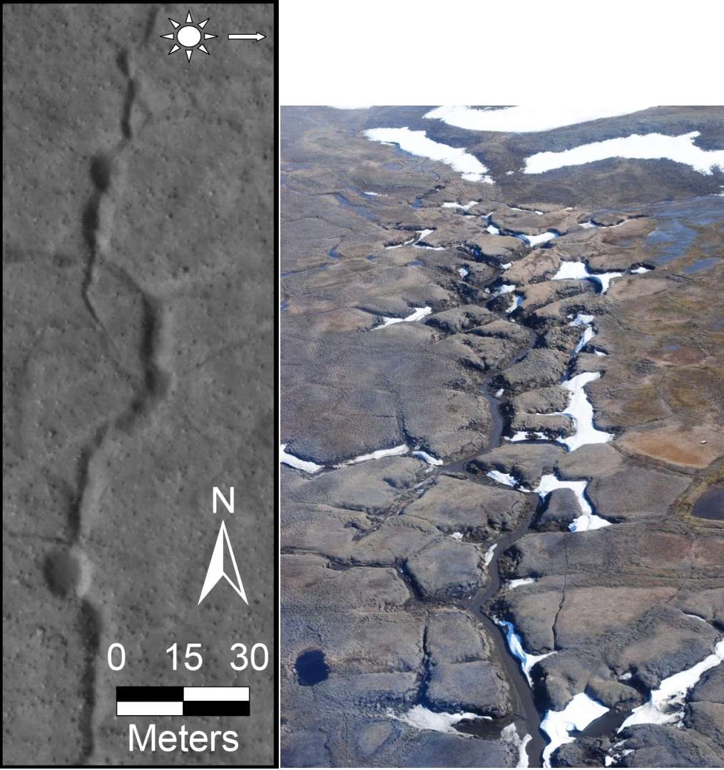 À droite, des écoulements le long de structures polygonales sur l'île de Bylot, dans l’arctique canadien. À gauche, structures sinueuses le long de formations polygonales sur Mars, dans la plaine d’Utopia Planitia par 45° N. Les deux images sont à la même échelle. © CNRS, E. Godin (image de gauche), Hirise, Nasa, JPL, <em>Univ. of Arizona</em> (image de droite)