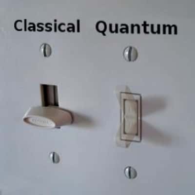 Une illustration d'un interrupteur classique contre un interrupteur quantique imaginaire. © Fermilab