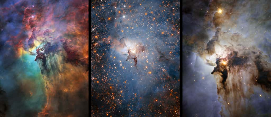  Hubble a observé la nébuleuse du Lagon a plusieurs et dans différentes longueurs d’onde, notamment dans le visible (image de gauche) et l’infrarouge (image du centre). Si les observations dans l'optique permettent aux astronomes d'étudier les gaz en détail, l'infrarouge permet de voir ce qui se cache derrière les nuages de poussières et de gaz, souvent sombres. En combinant ces données, les astronomes peuvent avoir une idée plus précise des processus en cours dans la nébuleuse (image de droite). © Nasa, ESA, STSci