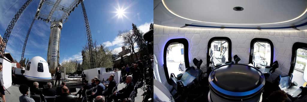 Présentation par Jeff Bezos, patron de Blue Origin, de la capsule du News Shepard. © Blue Origin