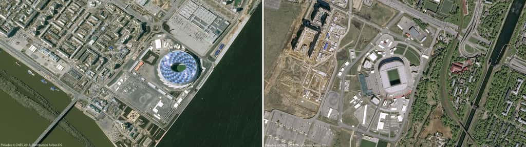 À gauche, le stade de Nijni Novgorod (2015) et à droite, le stade du Spartak (Otkrytie Arena), construit en 2007. © Pléiades, Cnes 2018, Distribution Airbus DS