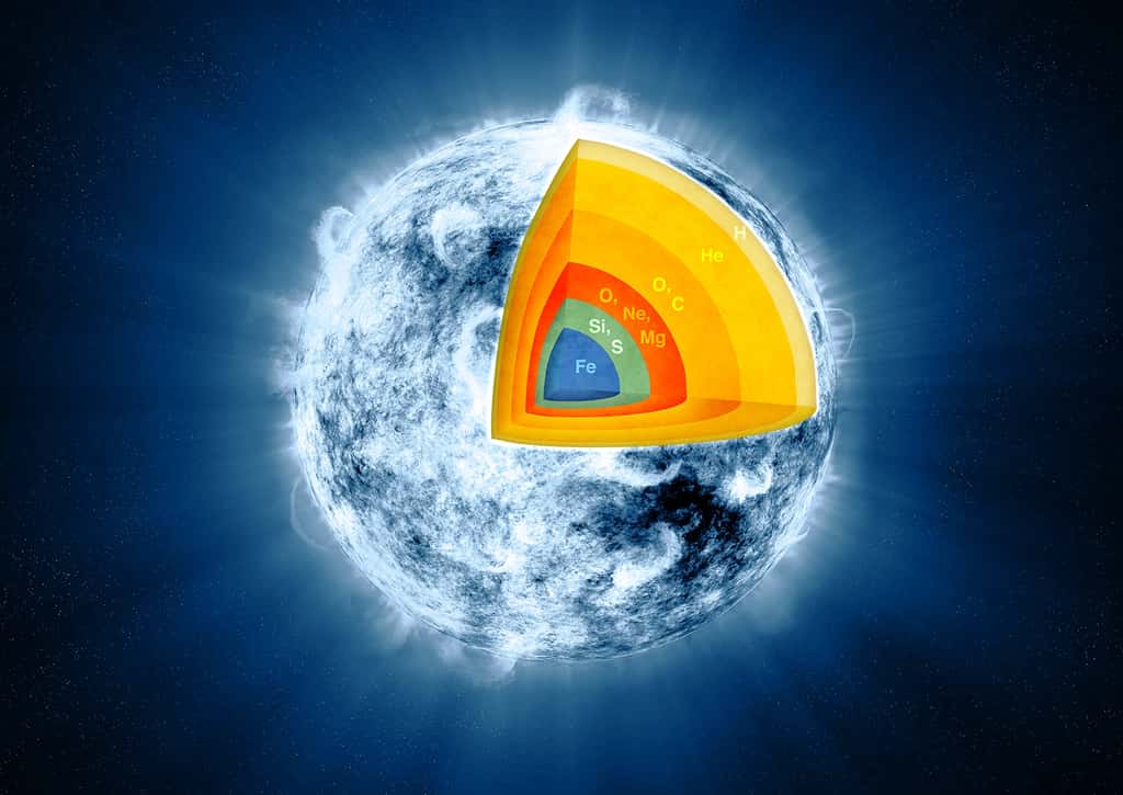 L'intérieur d'une étoile au moins dix fois plus massive que le Soleil se présente comme un oignon. Produits des réactions thermonucléaires successives à des températures qui finissent par dépasser le milliard de degrés, une série de noyaux sont synthétisés à partir de l'hydrogène et de l'hélium pour l'essentiel. © Nasa, JPL-Caltech, CXC, SAO