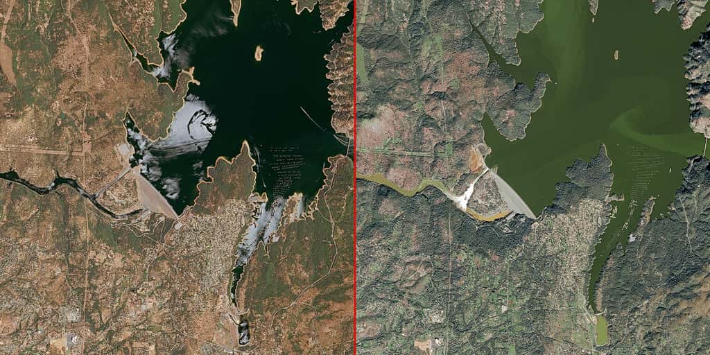 À droite, une image acquise par Spot 7 le 14 février 2017, à comparer à une image de Spot 6 le 27 juin 2016, où les berges du lac sont bien visibles. Chaque image couvre une superficie de 682 km<sup>2</sup> et montre des détails de plus ou moins 5 m (1,5 m). © 2017, Airbus Defence and Space