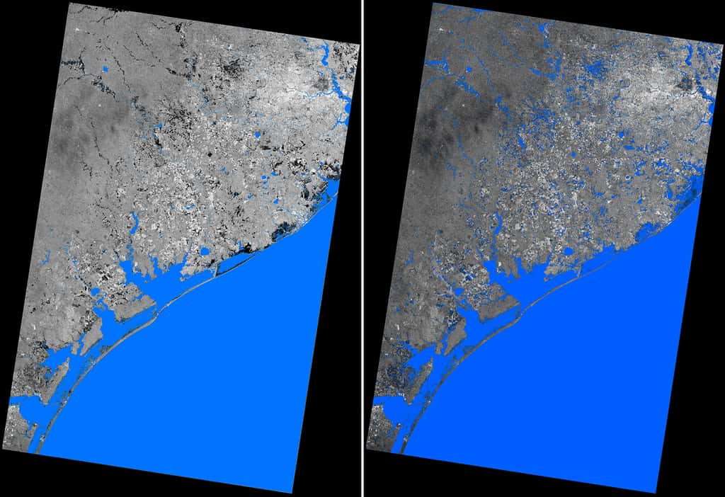 Deux images prises par le satellite radar TerraSAR-X avant et après Harvey. Celle de droite date du 28 août. Elles couvrent une superficie de près de 67.000 km<sup>2</sup>, montrant la zone côtière qui va de Houston à Corpus Christi. © DLR e.V. 2017 and Airbus Defence and Space GmbH 2017