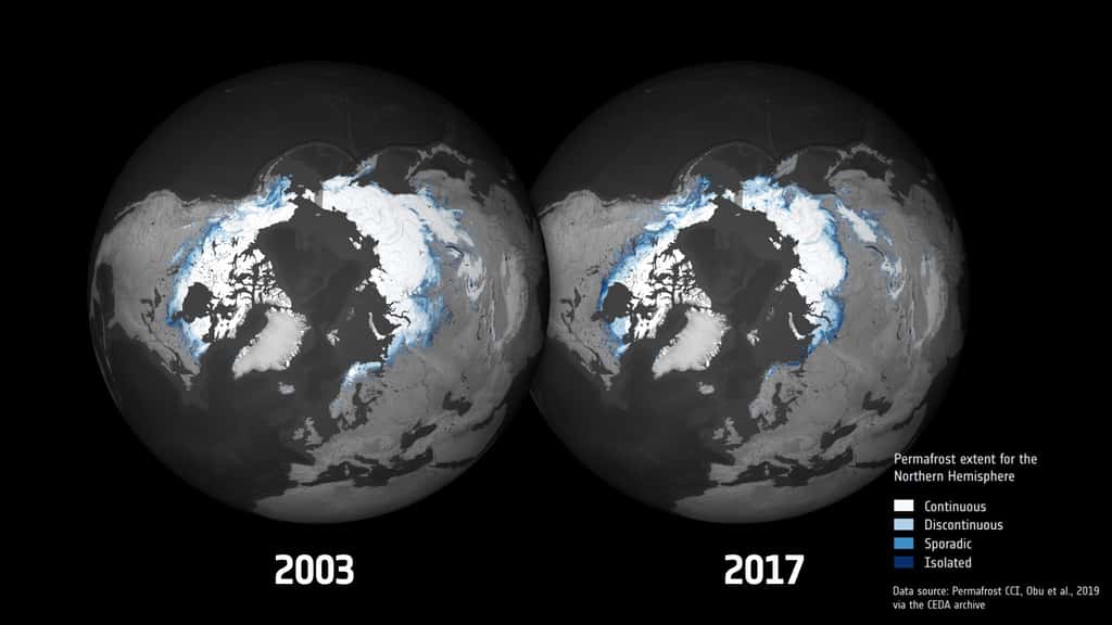 La <em>Climate Change Initiative</em>, pilotée par l'Agence spatiale européenne (ESA), a permis de cartographier la fonte du pergélisol de 2003 à 2017. © ESA, Permafrost CCI, Obu et al