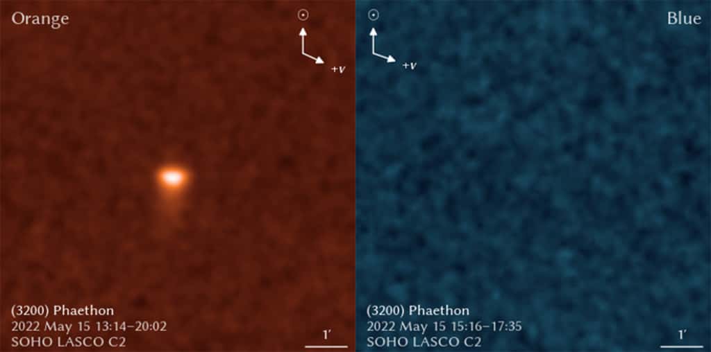 Comparaison d'images de Phaéton prises avec différents filtres sur le coronographe Lasco de Soho. À gauche, le filtre orange révèle l'astéroïde brillant entouré d'un nuage et d'une petite queue. À droite, le filtre bleu ne montre aucun signe de Phaéton. © ESA, Nasa, Q. Zhang