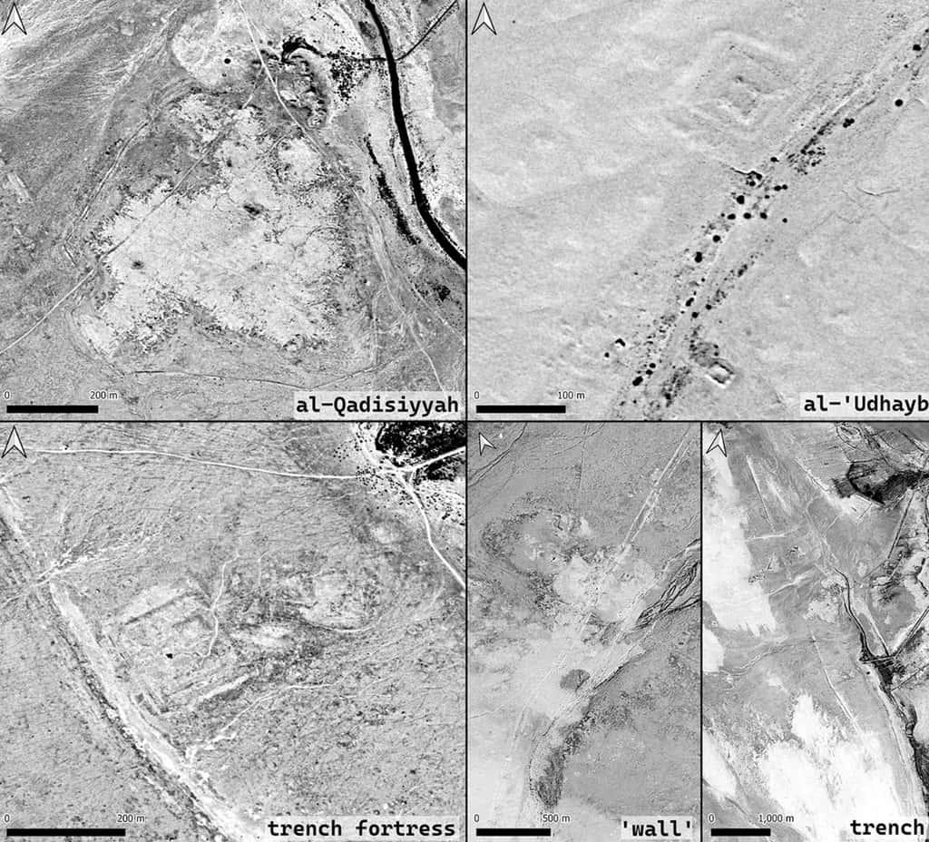 Ces photos, prises depuis l’espace en 1973, ont permis de constater la présence d’anomalies au sol, vestiges archéologiques de la bataille d’al-Qadisiyyah. © USGS, W. Deadman