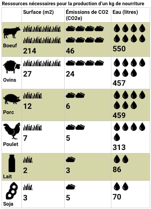 Ressources nécessaires pour la production d’un kilogramme de viande, de lait ou de soja. Infographie © Freepik, C.D, Futura, d’après <em>Climate Focus</em>. 