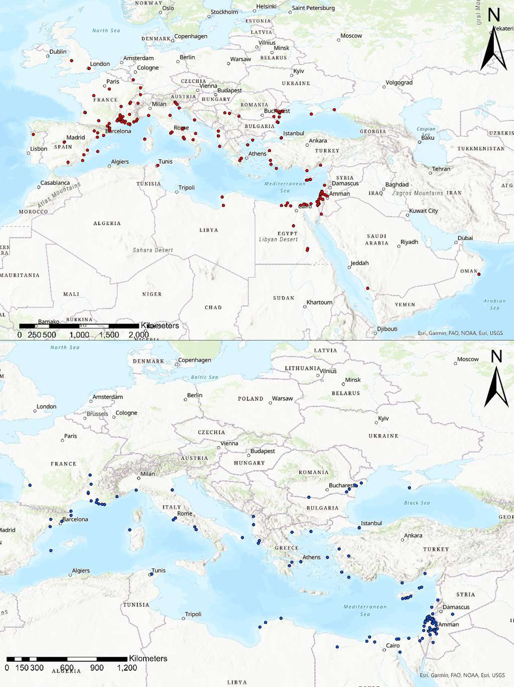 Sur les deux cartes, on observe une répartition d’amphores (en haut en rouge et en bas en bleu) aux caractéristiques similaires sur le pourtour méditerranéen. On observe le maintien ou la mise en place d’une dynamique d’échanges sous la férule de l’Empire romain d’Orient. © Lloyd, Kingsley <em>and al</em>. 