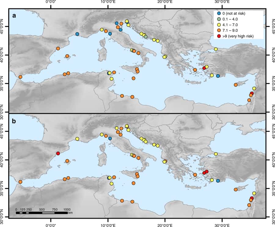 Les sites Unesco méditerranéens menacés par l’érosion côtière en 2000 (a) et 2100 (b). © <em>Lena Reimann et all., Nature Communications, </em>2018