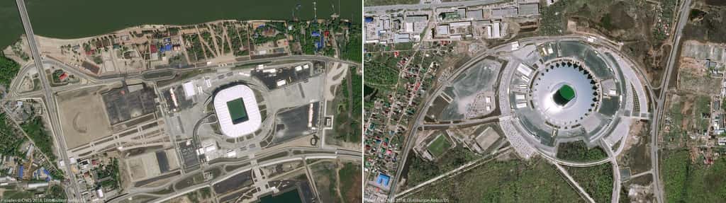 À gauche, le stade de Rostov sur le Don (2012) et à droite, le Cosmos Arena de la ville de Samara. Ce stade a été construit à l'occasion de cette coupe du monde de football. © Pléiades, Cnes 2018, Distribution Airbus DS