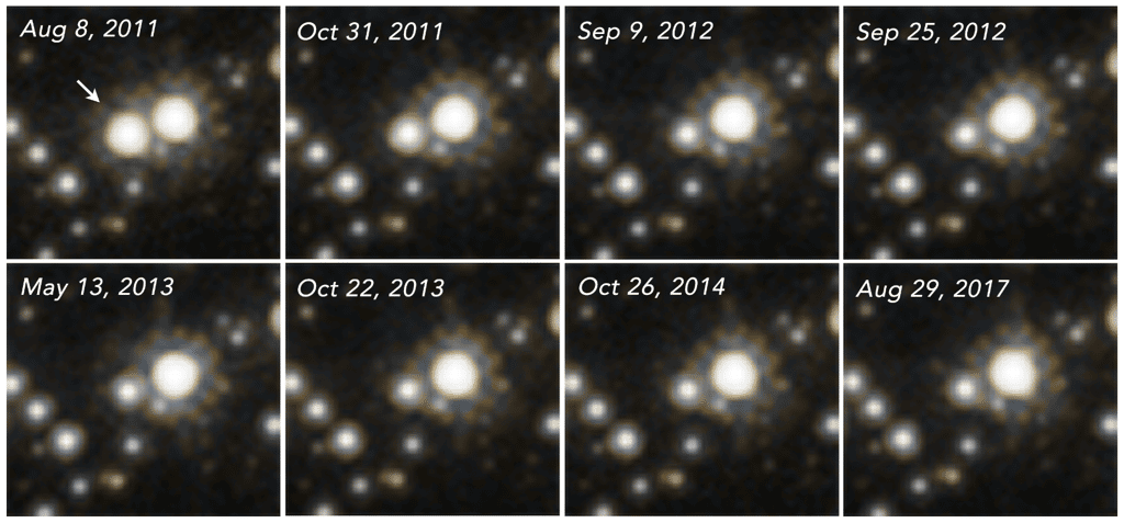 Observations de MOA-11-191/OGLE-11-0462 par <em>Hubble</em> de 2011 à 2017. L'étoile source est marquée par une flèche dans l'image de la première époque (en haut à gauche). Lors de celle-ci, le 8 août 2011, l'amplification était d'un facteur ∼12. La déflexion astrométrique maximale s'est produite aux époques 3 et 4, lorsque l'amplification photométrique n'était que d'environ 10 %. En 2017, la source était revenue très près de sa luminosité non amplifiée et de sa position non déviée. © Sahu et <em>al.,</em> 2022
