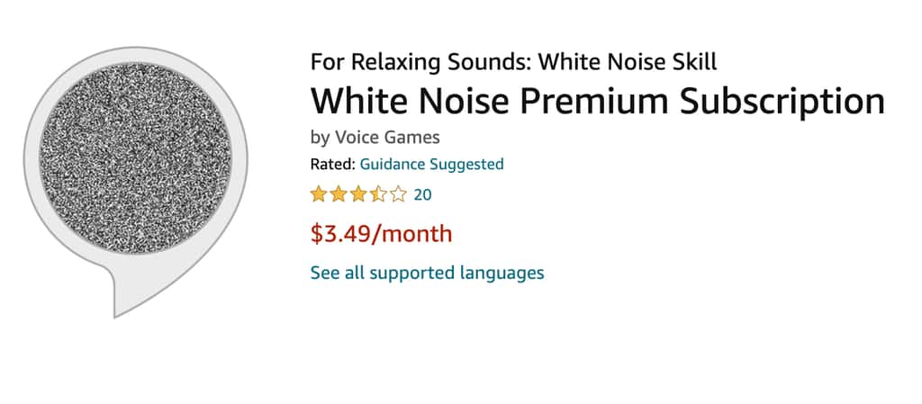 Un exemple d'abonnement proposant d'écouter du bruit blanc sur Alexa pour 3,49 $ par mois. © Amazon