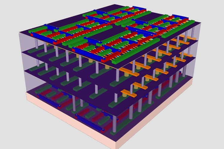 Les chercheurs de Stanford travaillent sur des puces conçues comme des immeubles avec deux couches de mémoire prises en sandwich entre deux transistors. © Max Shulaker