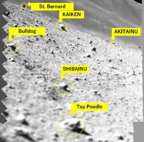 Le sol du cratère Shioli vu par l'instrument MBC avec les noms attribués à certaines roches par les équipes. © Jaxa,<em> Ritsumeikan University, The University of Aizu</em>