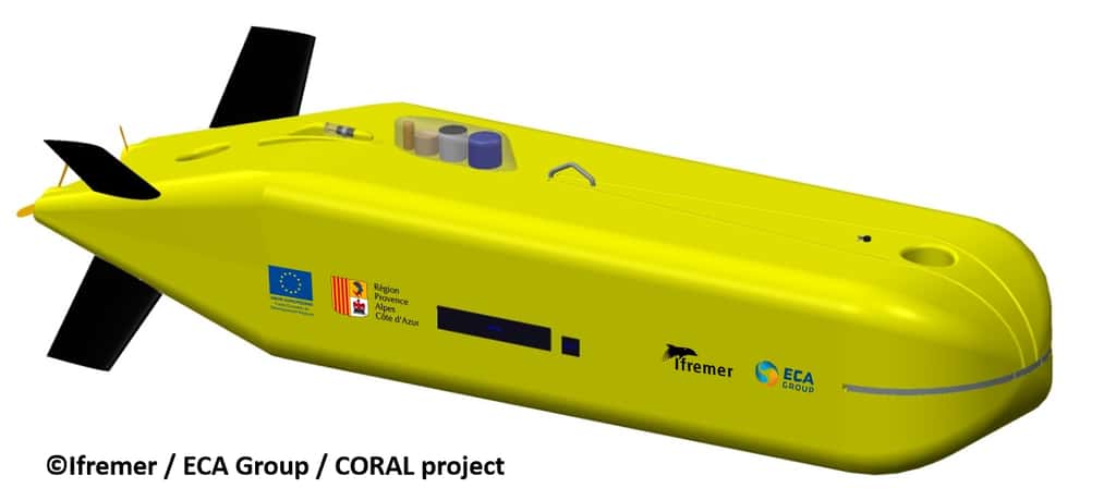 Représentation du futur AUV d'ECA Group. Il sera autonome et plongera jusqu'à 6.000 m. © Ifremer, ECA Group, alliance Coral